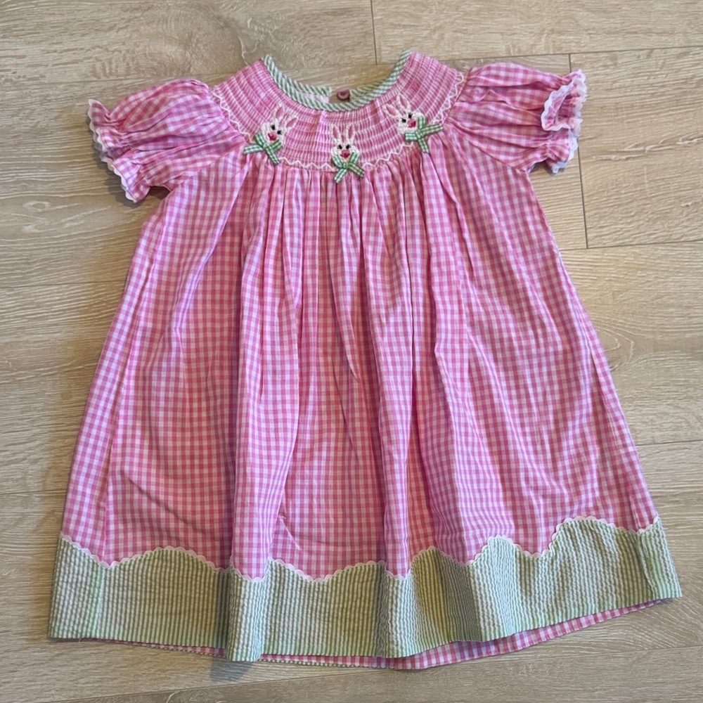 Pink Gingham Smocked Bunny Dress with Green Trim